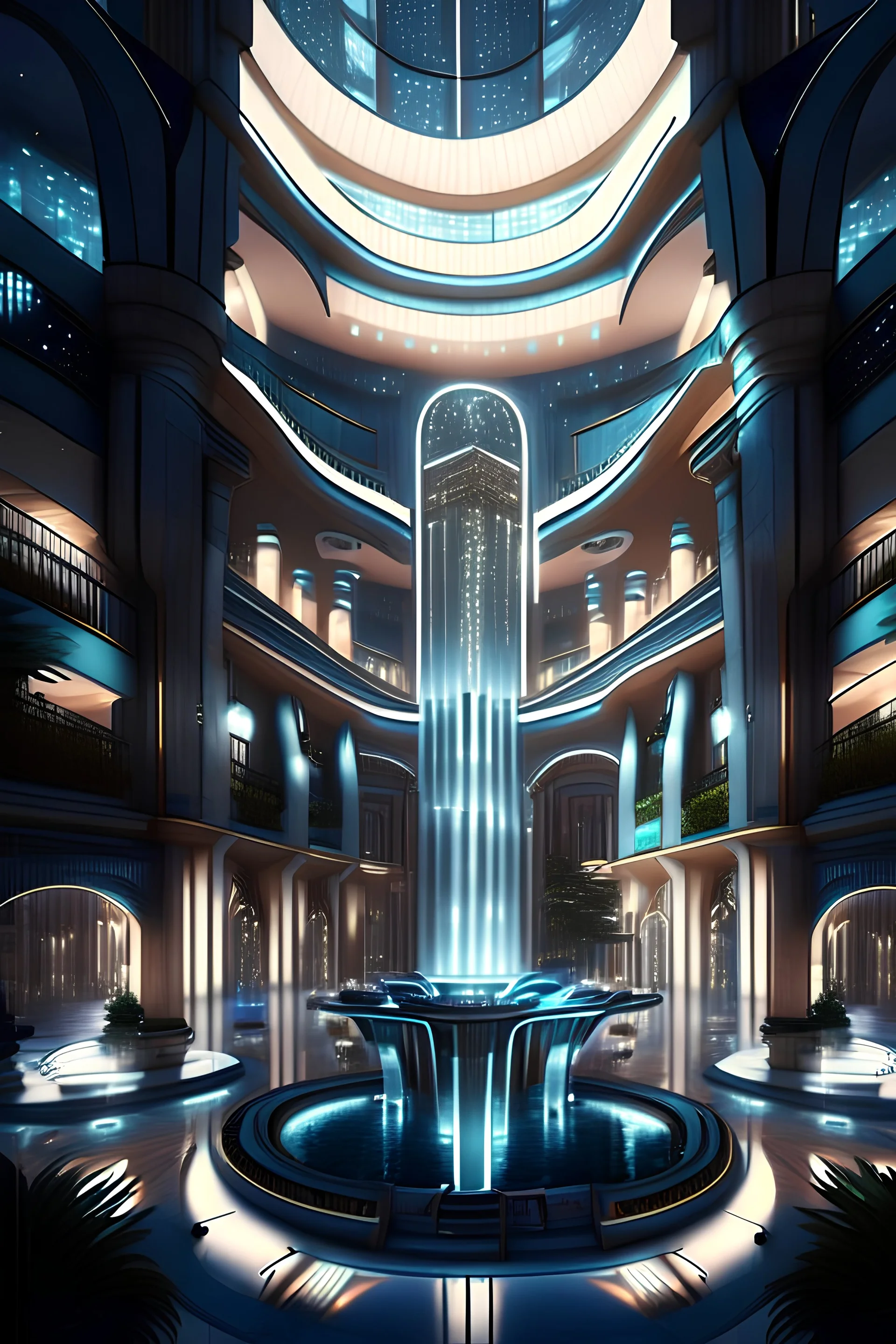 10k hyper realistic detailed luxury futuristic shopping mall indoors, populated, fountains, lights, night
