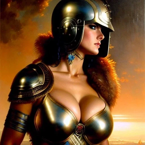 portrait ' Sexy busty Power Girl naked ',ancient metal armor and Helmet ,painting by gaston bussiere, greg rutkowski, yoji shinkawa, yoshitaka amano, tsutomu nihei, donato giancola, tim hildebrandt, oil on canvas, cinematic composition, extreme detail,fit full head inside picture,16k