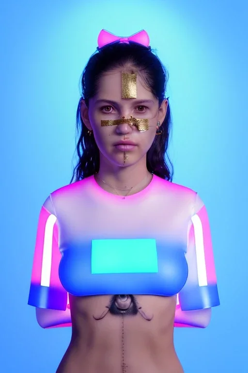 Ultra Realistic image, Rosalía artist, 40 years old, portrait, normal complexion, natural small busty, traditional little tattoo, two bows, little chopsticks hair ,black eye long liner, latex t-shirt and inflatable coat, gold pink and blue style, spray line glow make up, geometric led jewelry, fog, hot, inflatable style latex coat, vibrant color, highly detailed, art stations, concept art, smooth, unreal engine 5, god rays, ray tracing, RTX, lumen lighting, ultra detail, volumetric lighting.