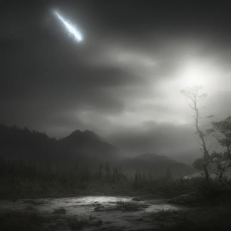 Distant epic scenary. Heavy rain. Epic Lighting in the night sky. Knight with magic scroll in hand. Falling meteorite in the sky. Fireball. Meteorite burning in the distance. Dark, black mud.