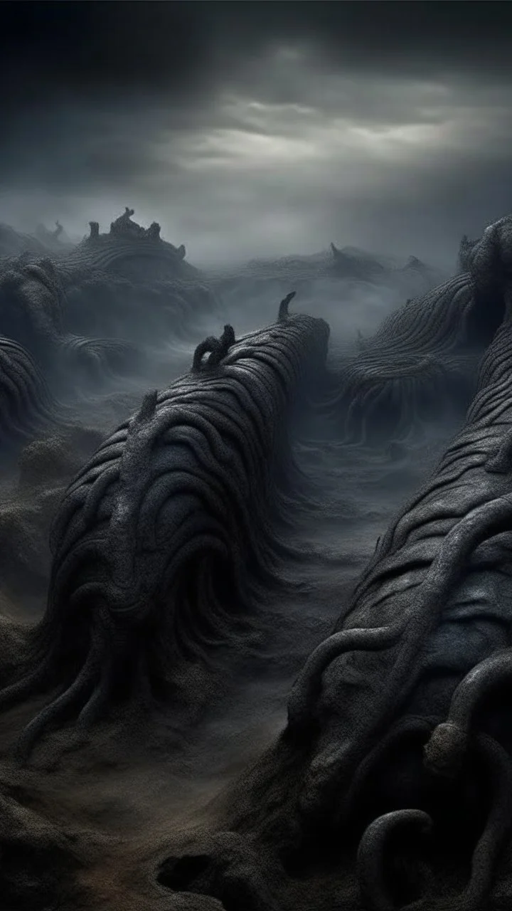 ,surrealism of the dark of a nightmare ten miles high and six foot deep, hyper photorealistic, hyper detailed dark art color, high resolution, fog, octane render, tilt shift, HDRI Environment, all pictures dark gray