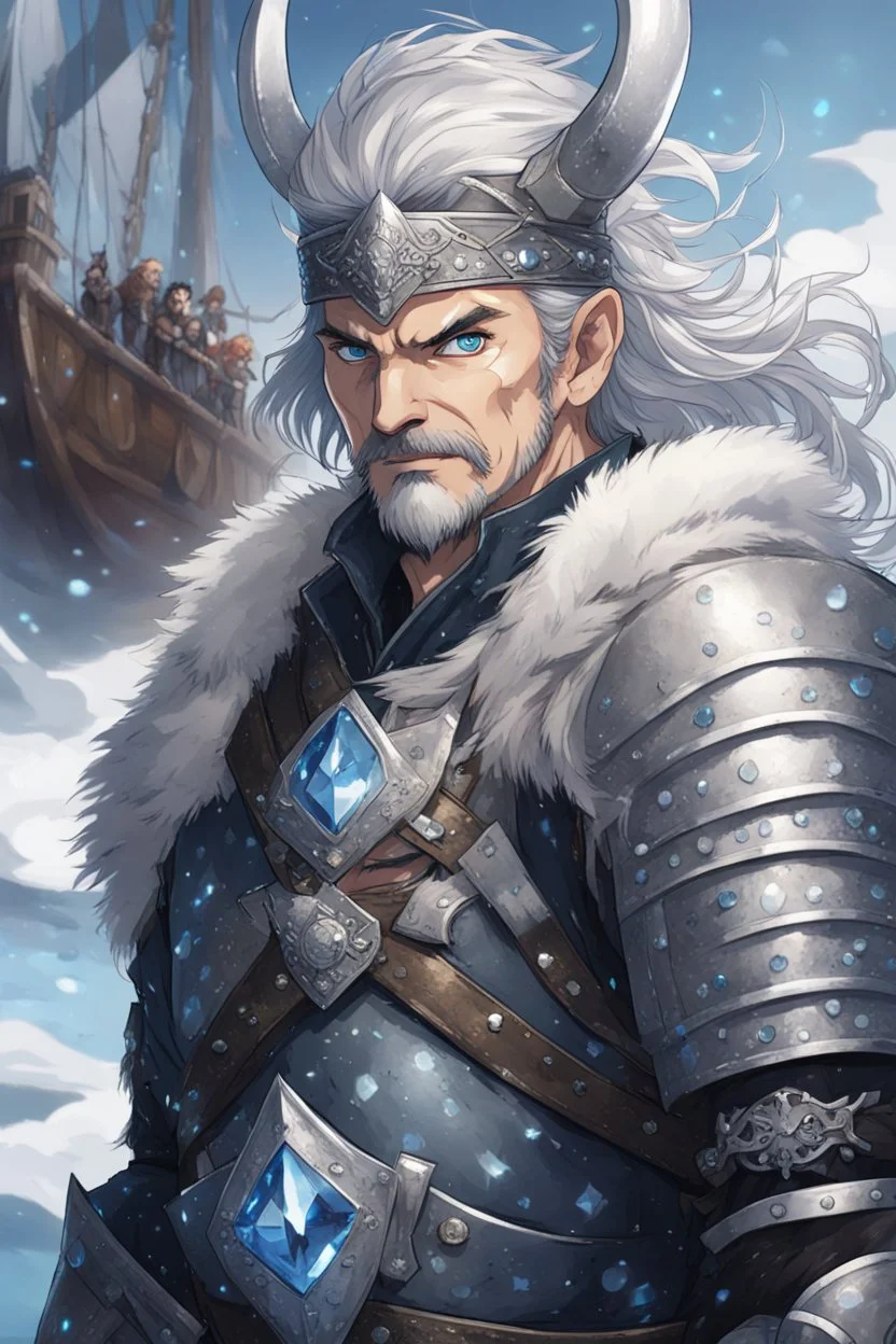 in anime style,1older man, a man with blue eyes and black hair man in silver Viking armor with fur around the neck with blue crystal on his chest holding an axe in his hands standing on a pirate ship in the artic, warrior in anime style,