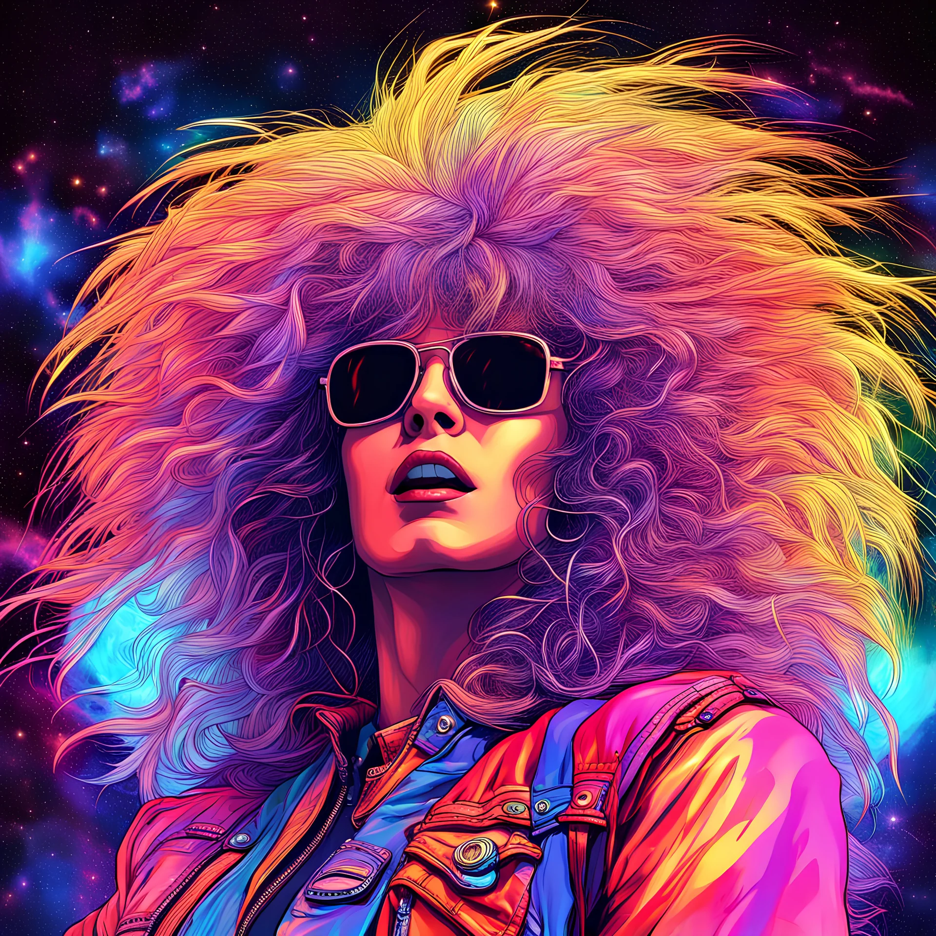 "lora:NC Hyperreal:1.0> heavy metal rock Band with big hair wearing bright colored clothes, glowing, and music is radiating from it. Lighting flashes in the background. Heavy metal music "8k resolution holographic astral cosmic illustration mixed media by Pablo Aramingo"