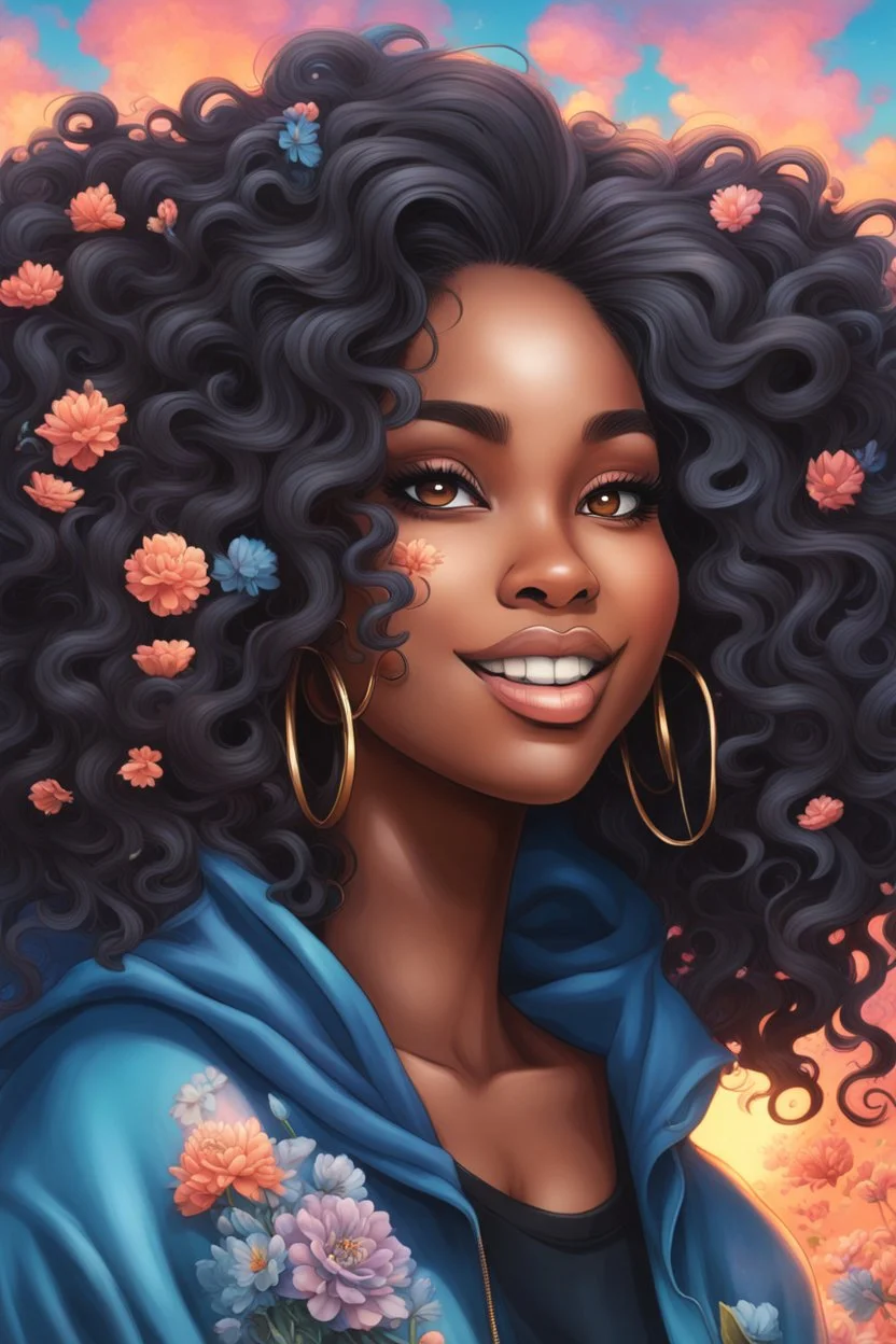 vibrant psychedelic urban culture image, airbrush, 48k, cartoon art image of a black curvy female looking to the side smiling with a large mane of curly ombre hair flowing through the wind while she has a black hoodie on, prominent makeup with hazel eyes, highly detailed hair, background peach and light blue flowers surrounding her, dystopian