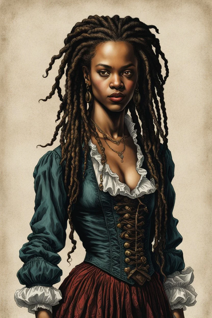 full body colored etching of a malevolent, predatory vampire buccaneer girl from the French West Indies with highly detailed dreadlock hair and facial features ,in the style of Rembrandt, Gian Lorenzo Bernini, and Johannes Vermeer, with a fine art aesthetic, highly detailed , realistic , 4k UHD