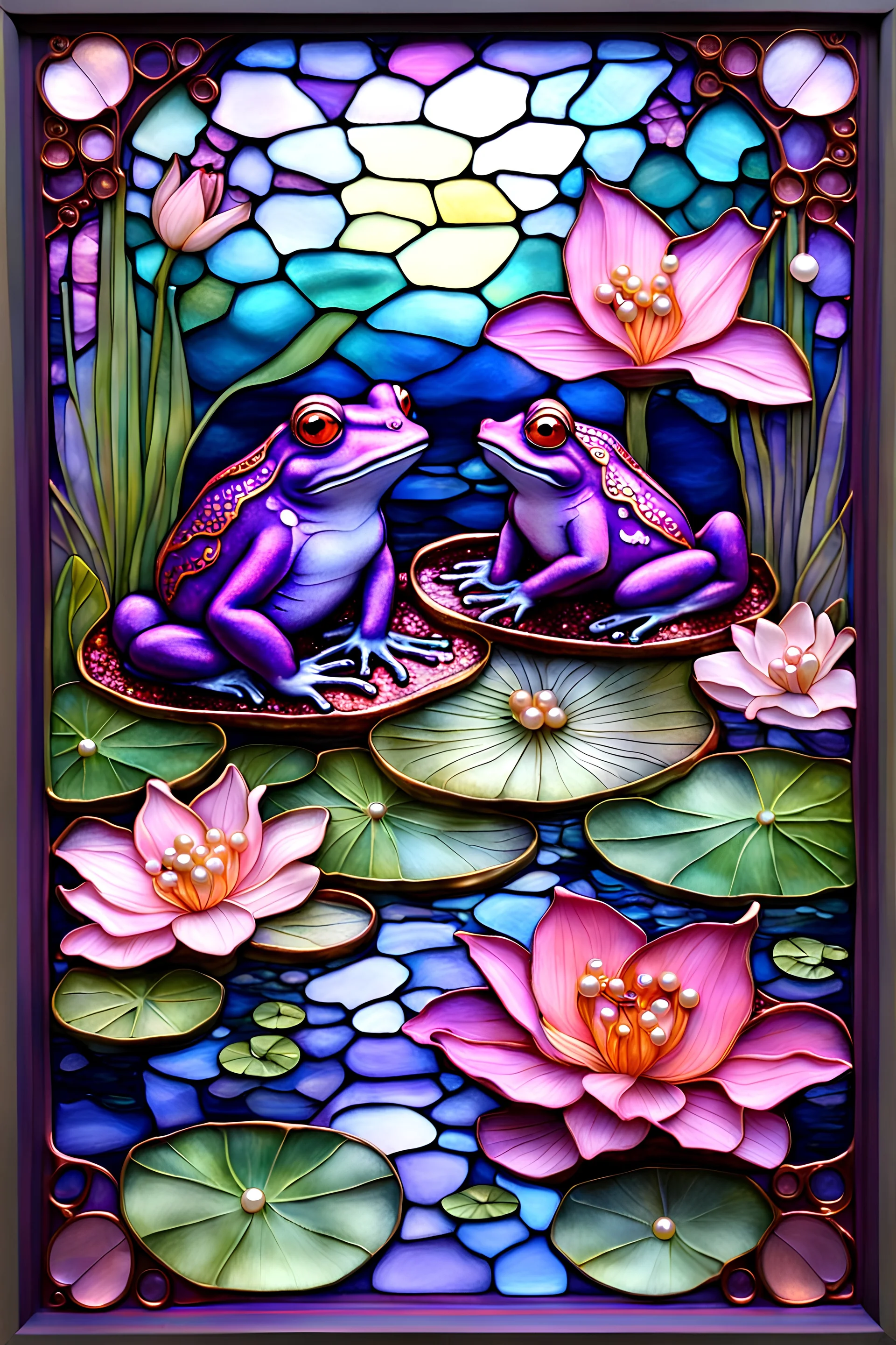 3D and alcohol ink ethereal image of a purple frog and a pink frog, they are in love, they are sitting on a lily pad by a garden temple made of stained glass and agate with copper foil highlights and pearls. Oriental garden temple, dragonflies, whimsical garden koi pond