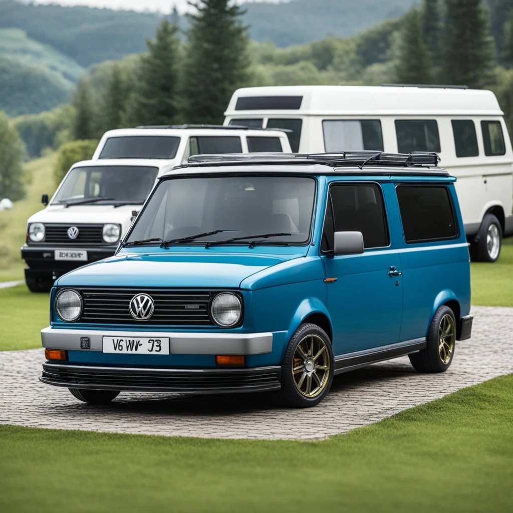 Everything, everywhere and all at once of VW cars: The Legendary Cult Rigs – The Ultimate VW T3 & Caddy Fleet ShowcaseMillimeter-Precise Description: An absolute dream gathering celebrating German automotive heritage! Positioned on an elevated stone-paved overlook, a complete fleet of third-generation Volkswagen T3 Transporters (Vanagons) stands alongside + two iconic VW Caddy Mk1 (Type 14D) models: - Foreground (The Caddy Duo): - Left: A pristine white VW Caddy Mk1 high-roof panel van fea