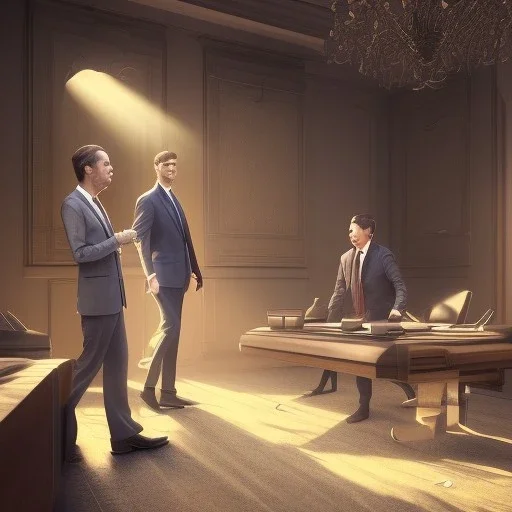 a business man talking to his boss about a certain matter , dramatic, dramatic lighting, volumetric lighting, hyperrealism, 8k, high quality, photorealistic, lot of details