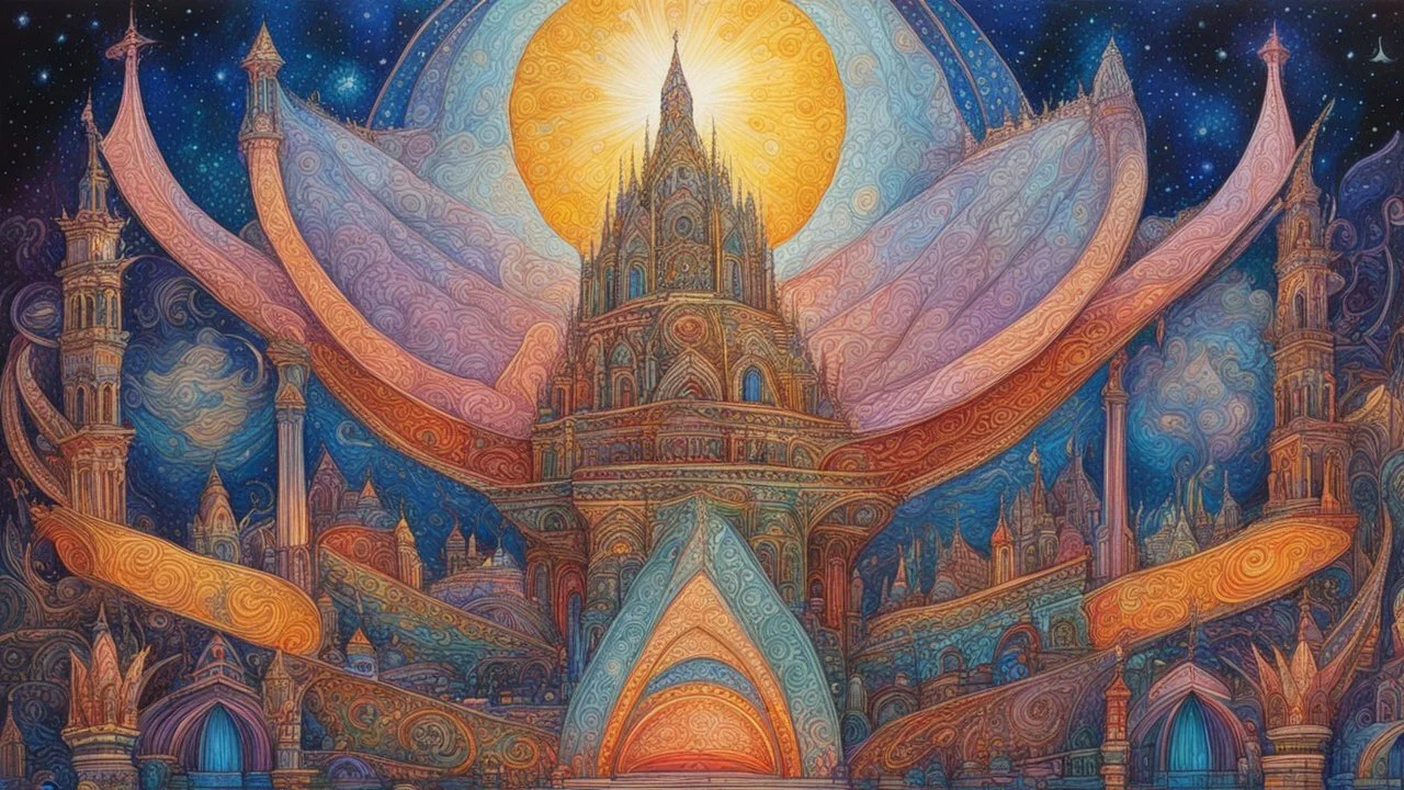 oil paint and fine metallic and colored gel pen drawing, majestic, festive, divine, fantasy world, corpuscular, restrained, geometric, beautiful composition, exquisite detail