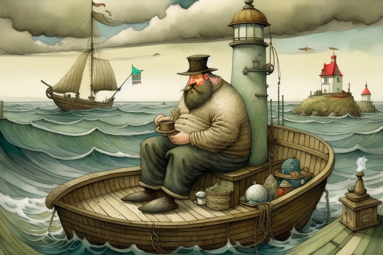 A fat man wearing a hat, is in a bath tub, by a light house, by andrea kowch, holding a umbrella, inspired by andrew wyeth. A rustic harbour, with ships docked is nearby. The Beach is covered with sea shells, crabs and lobsters.There are rain clouds and everything looks as if done in watercolors victo ngai, matisse, monet, catrin welz-stein, vladi