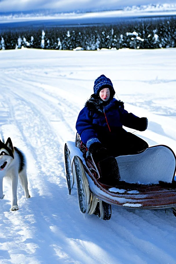 Matthew (niño) y Margaret (niña) viajan en un trineo tirado por un husky por un paisaje nevado