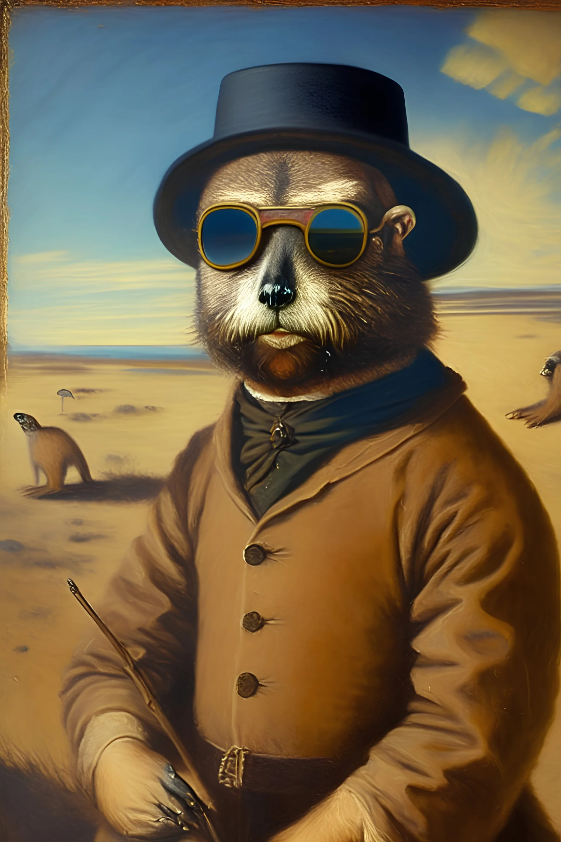 Prairie dog painter of xix century with sunglasses short hair, beard and satanical aspect