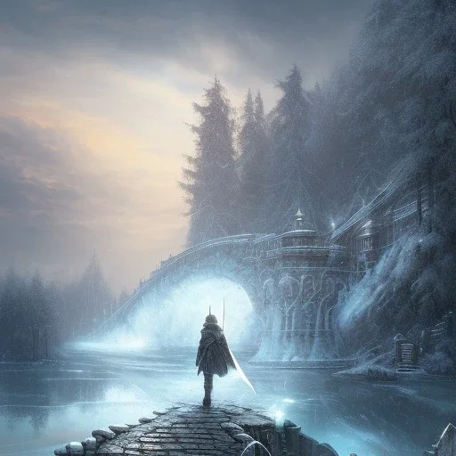 fantasy art, book cover, upper body of big mad wizard in front of the ebony stairs of a bridge or dam ,icy water, on the bridge is a wolf, there is also a hawk and everything is seen from the tree tops