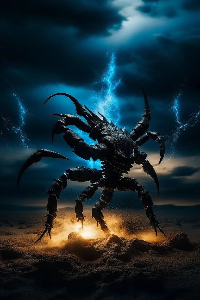 Black emperor Scorpio emblem on a burning landscape background With its Tail curled up behind his back ready to strike and from claws grasping under a storming sky with blue lightening striking around it