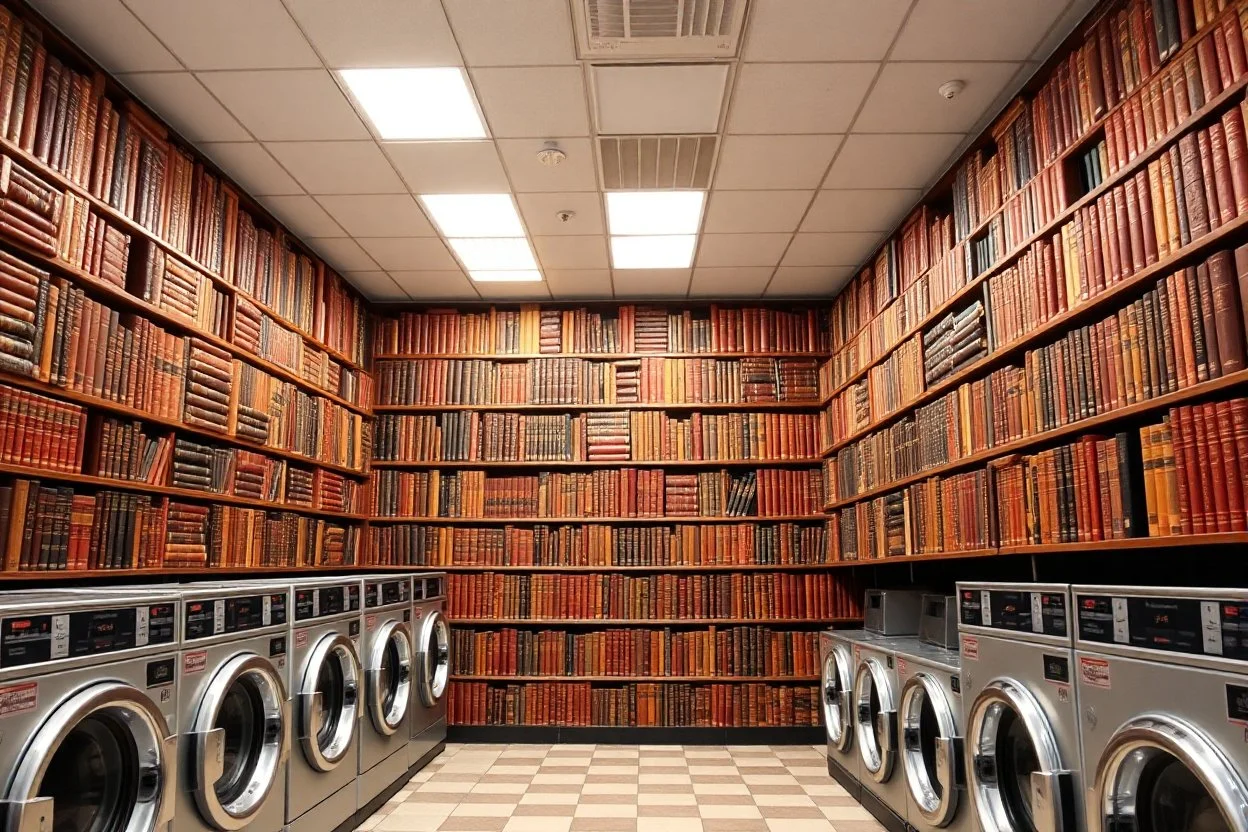 elaborate library on a wall full of leather-bound books stretching to ceiling occupying the entire wall in a laundromat, striking, juxtapositional, fantastical