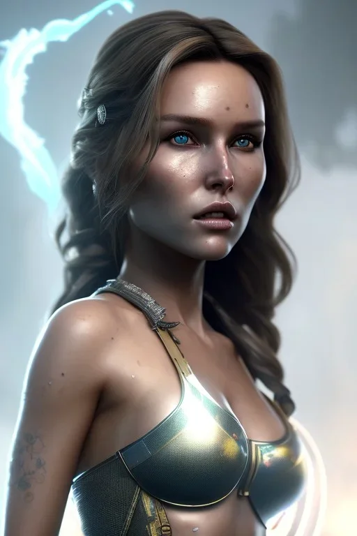 Camilla luddington face, bi busty, texture skin,Crystal yellow eyes, long white hair, wearing The Lara Croft, realistic, 4k, intricate, best quality, fog particles, fire particles, octane render, vray, sword fire