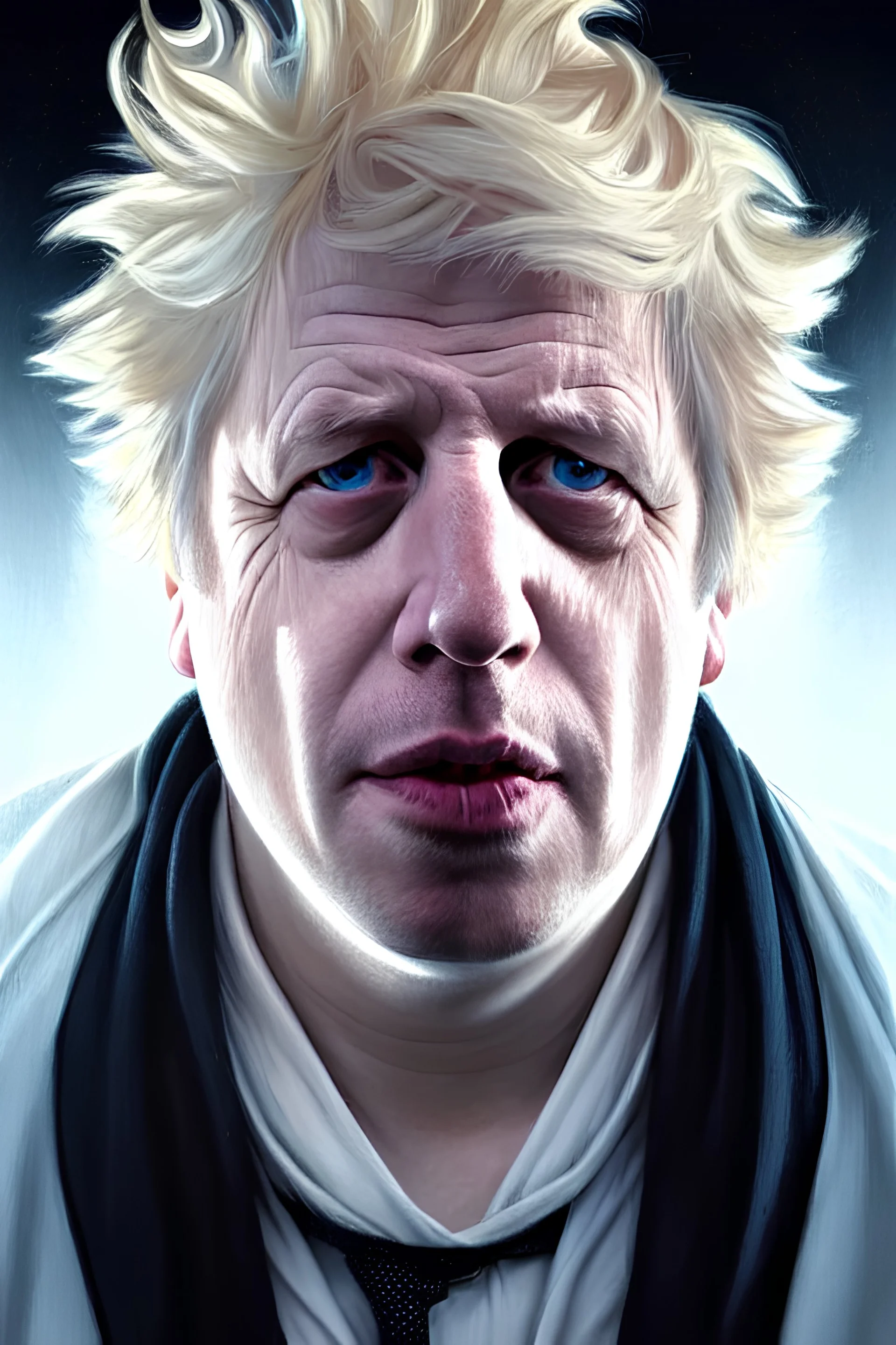 Boris Johnson as Rick Sanchez, one eyebrow, white robe, big eyes, 2d portrait, symmetrical, highly detailed, digital painting, artstation, concept art, smooth, sharp focus, illustration, cinematic lighting, art by artgerm and greg rutkowski and alphonse mucha