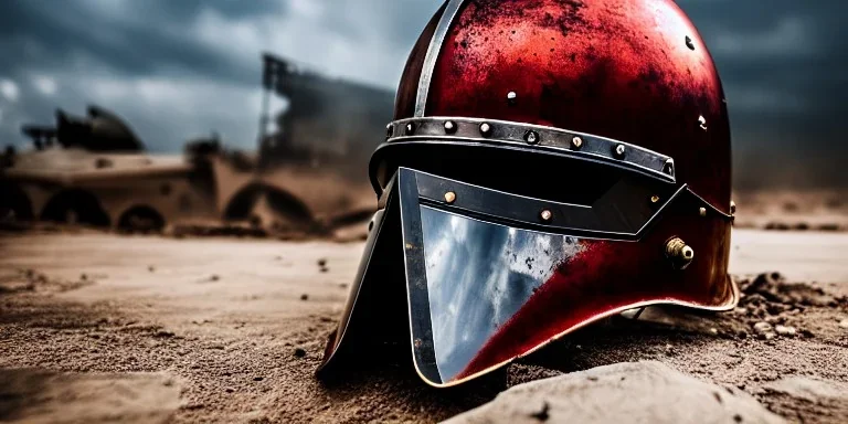 apocalypse, chaotic, magnificent, realistic, colorful, massive, epic, ray tracing, cinematic, 8k, HD, Ultra High Definition, photo film, film grain, hyper-detailed, old rusty Hyper detailed Medieval Knight helmet on ground with visor