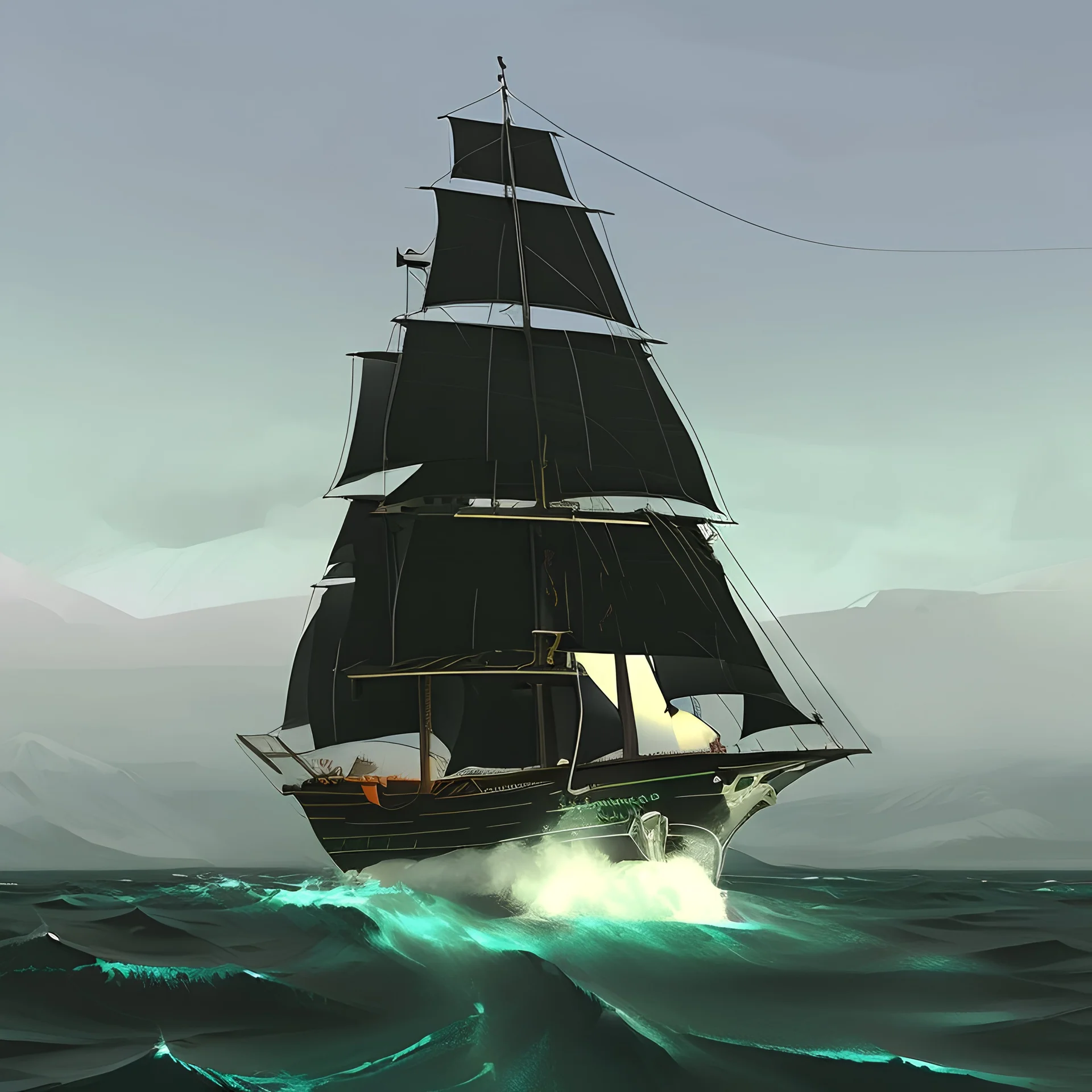 A black pearl ship in a green sea with a big whale