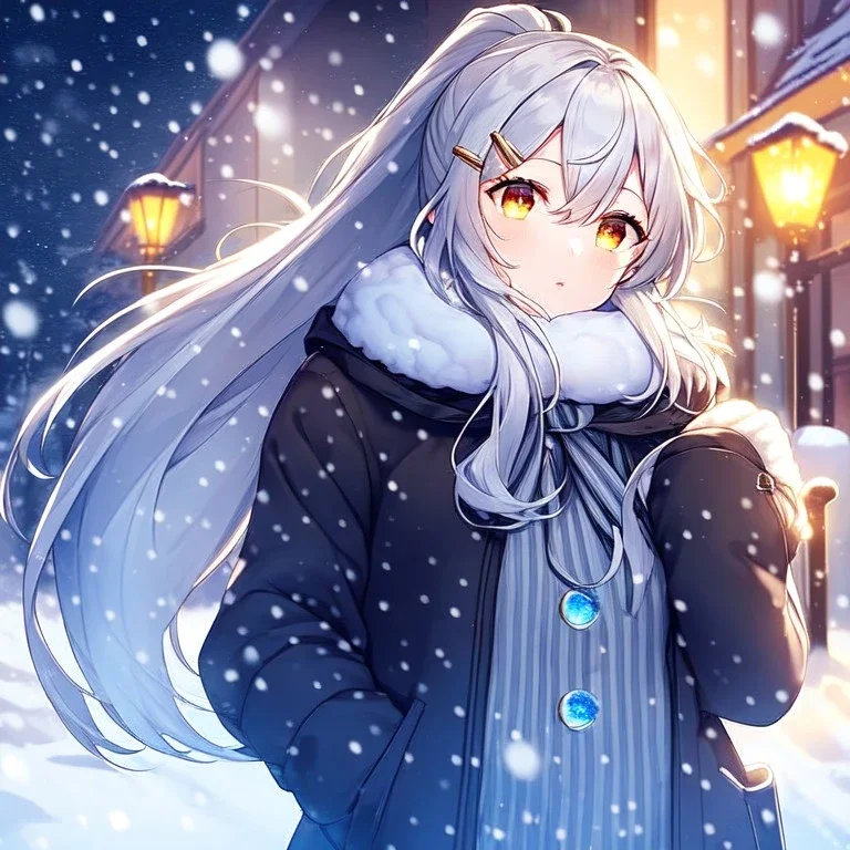 girl, masterpiece, best quality, cinematic lighting, detailed outfit, perfect eyes, silver hair, long hair, vibrant golden eyes, ponytail, messy hair, snowing, winter outfit, hairclip,