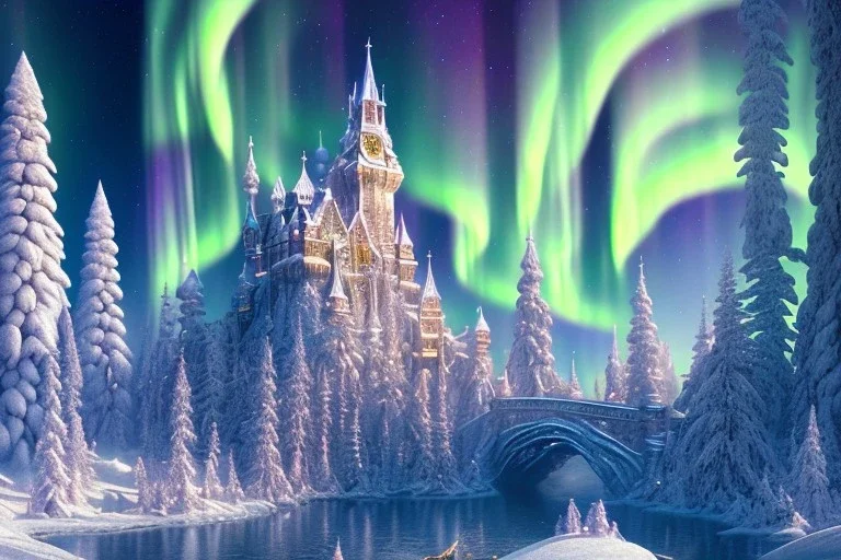  white and gold crystal castle，waterfall, winter snow flakessnow, northern Lights, full of details, smooth, bright sunshine，soft light atmosphere, light effect，vaporwave colorful, concept art, smooth, extremely sharp detail, finely tuned detail, ultra high definition, 8 k, unreal engine 5, ultra sharp focus