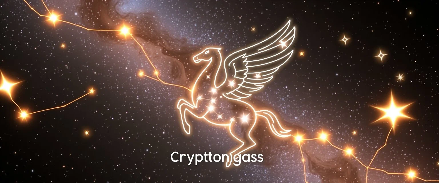 A star constellation in the form of a Pegasus in front of a deep space. Glowing lines connecting the stars that form the constellation. Digital Art. Digital Drawing. Logo. Icon. The word Cryptography is under the Pegasus