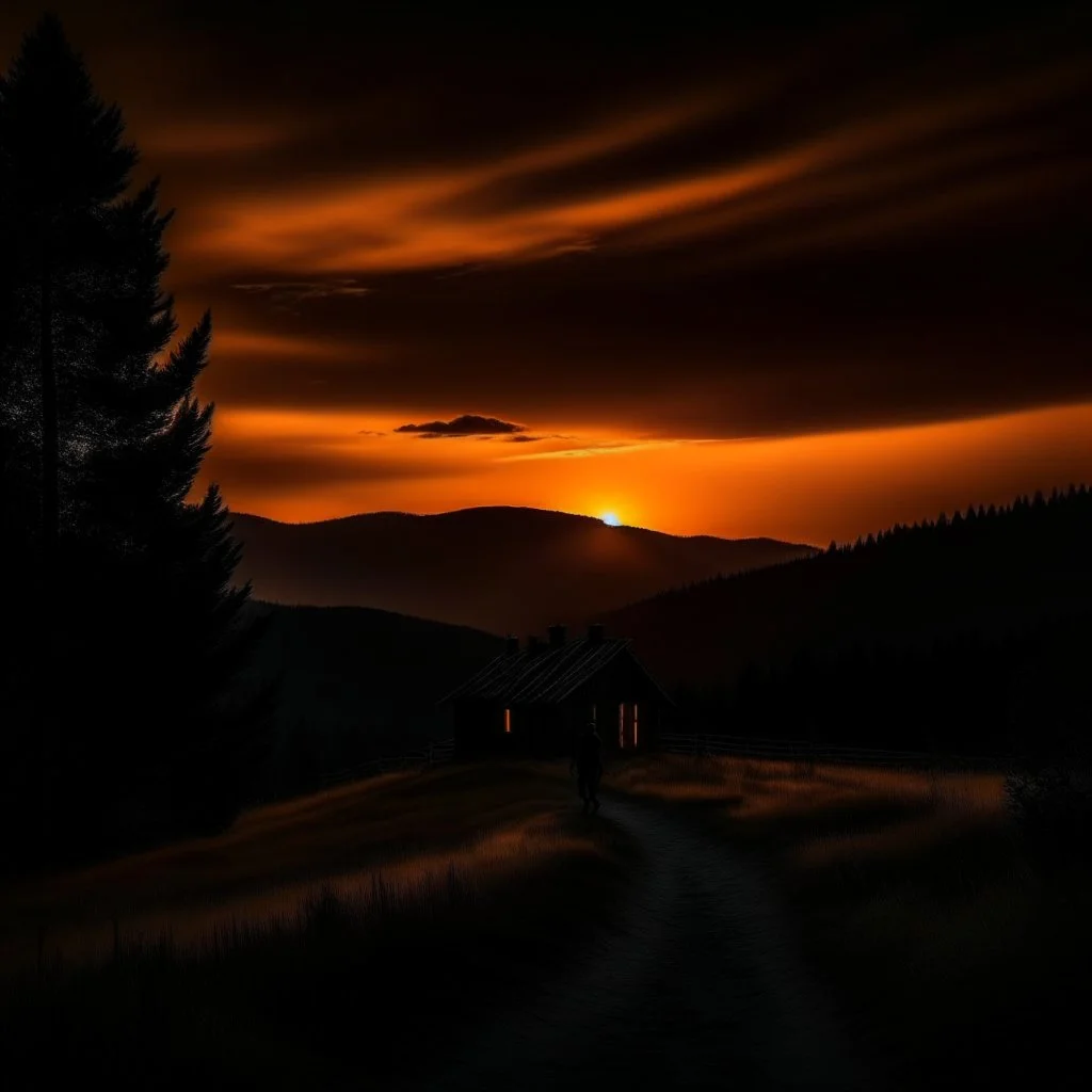 dark night, orange sunset colors in the sky, a lonely cabin in the distance on a mountain in the woods, a lonely dark silhouette walking down the road