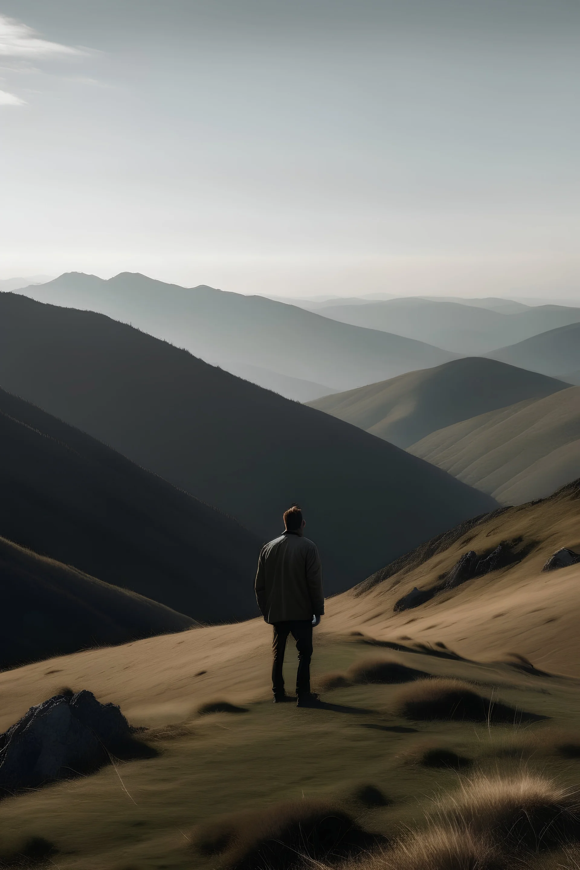 A man standing in the distance on a mountain looking out in the distance