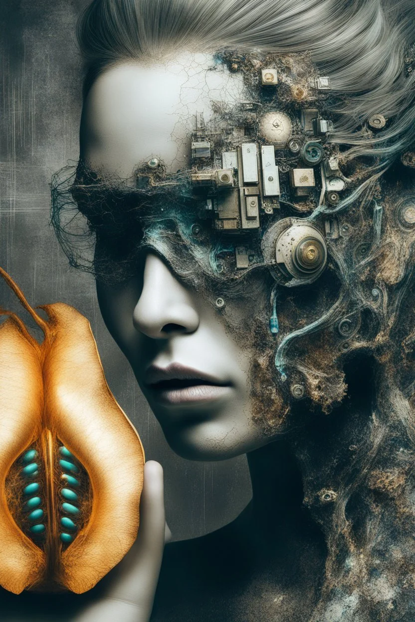 Create a surreal, futuristic portrait of a humanoid woman organic hair figure with a bright, skin surface. The figure’s head and upper body are partially disintegrated, revealing intricate, glowing, organic structures beneath the surface. The inner structures are illuminated with teal and golden hues, resembling bioluminescent veins or energy cores. The figure is in a contemplative pose, with one hand gently touching its chin. The background is minimal and abstract, allowing the focus to remain