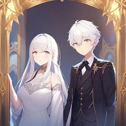 Twins, boy and girl, white hair, silver eyes, royal hall background