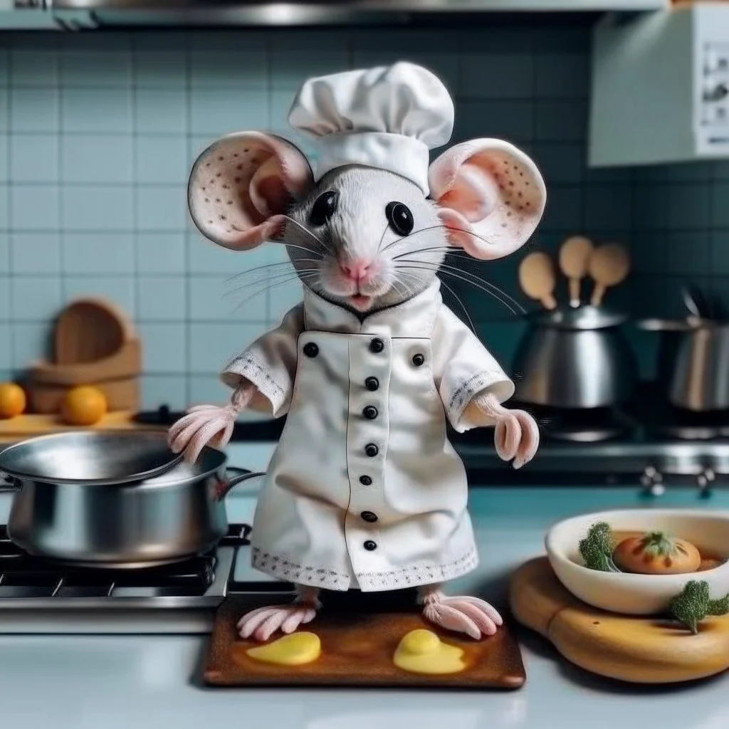 mouse Funny and cute in the shape of a sheep, wearing a cooking outfit that looks the same color as its skin, in the kitchen, cooking