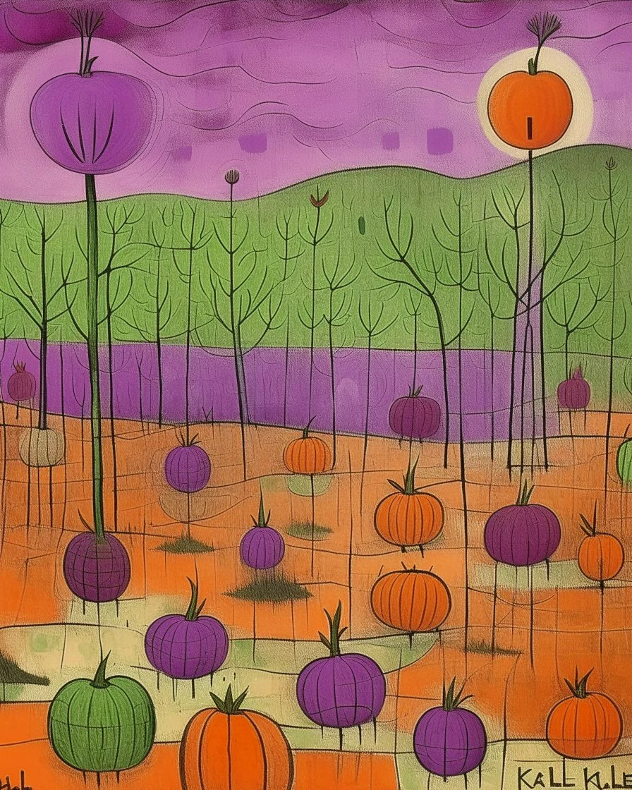 A purple swamp with pumpkins painted by Paul Klee