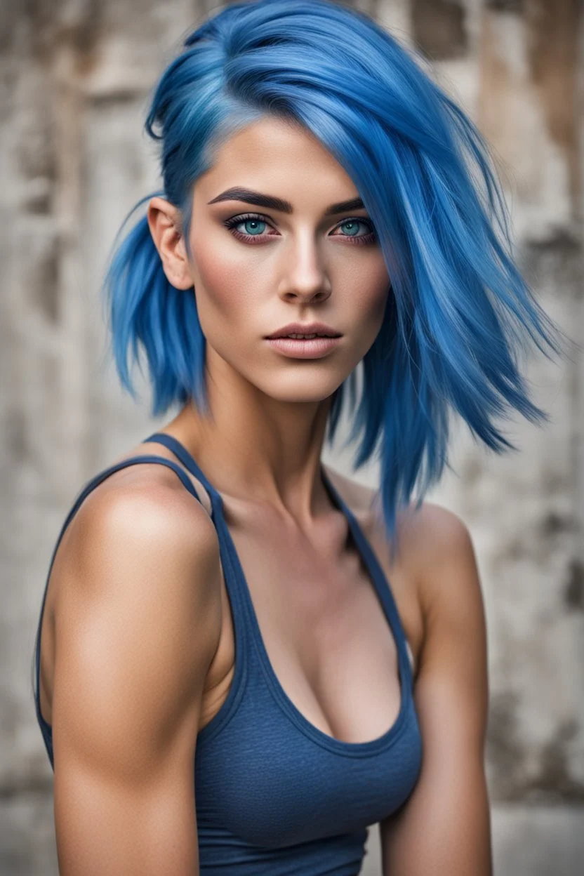 Blue hair, brown eye, woman, attractive, athletic build