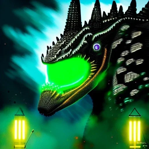 ultra detailed fullbody Drawing of Mech Godzilla ,with glowing Green eyes, extremely detailed digital painting, intrincate, extremely detailed face,crystal clear Big eyes, in the style of Pixar , mystical colors , perfectly centered image, perfect composition, rim light, beautiful lighting, 8k, stunning scene, raytracing