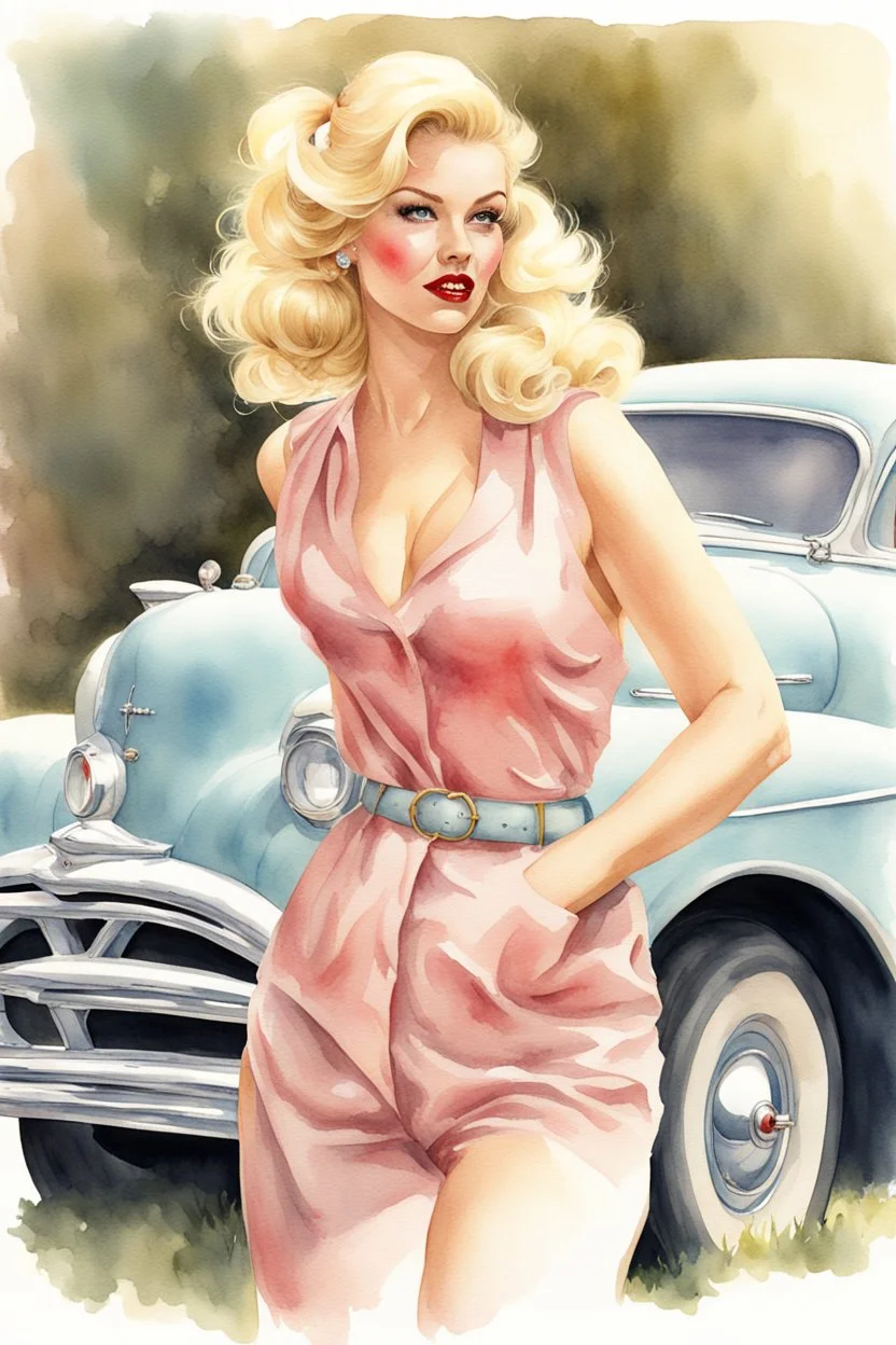 Pin-up, blonde, watercolor, fine rendering, high detail, 8K,