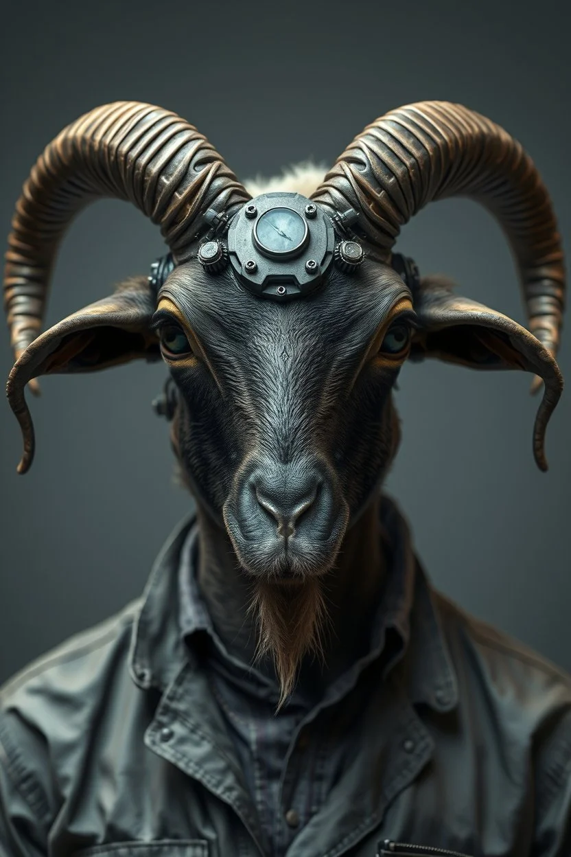 a portrait of a broken head mechanic, man is eating a hybrid mixed body part sheep, giant eyes sheep alien style H.R giger look, detective goat master