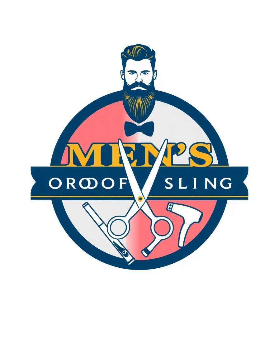 A round logo for a men's grooming salon with a groom vector at the top of the logo and a scissors vector, razor vector, and hair dryer vector at the bottom in a blue, red, white, and gold color theme.