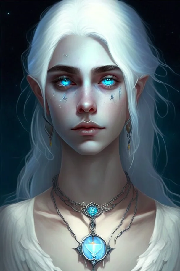 hauntingly beautiful character for dnd, young woman with white hair and blue eyes, angel, with moon necklace