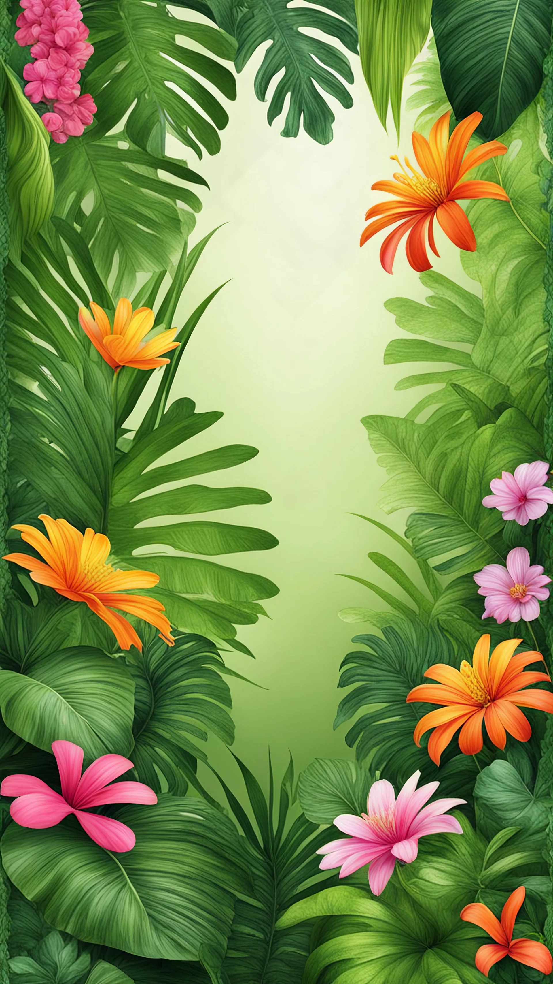 photo realistic modern leafy jungle poster design with many colorful flowers, maximum detail, ultra clarity,