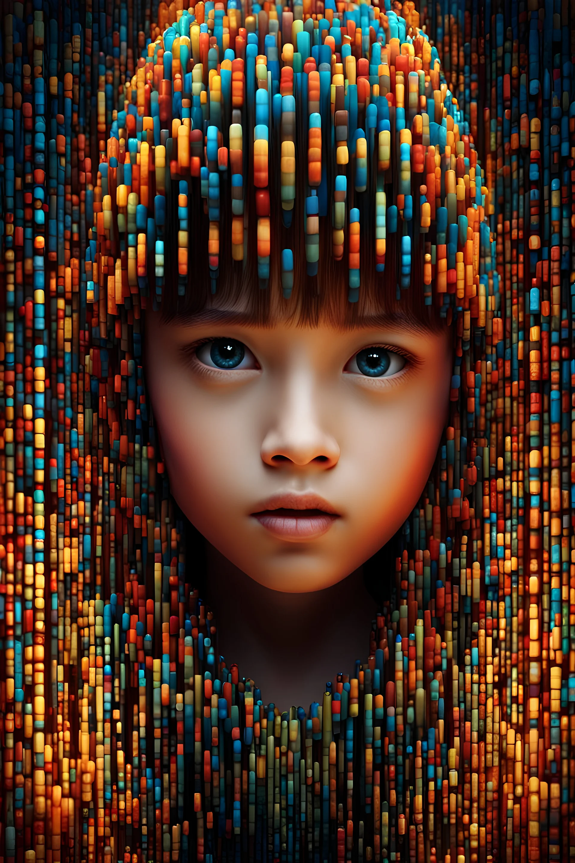 beautiful strange looking digital little kids indonesia made up completely of binary code, expressive and mysterious, consisting fully of binary code, full body portrait, deep colors, detailed matte painting, fantastical, intricate detail, splash screen, colorful, fantasy concept art, 8k resolution, Unreal Engine 5, beautiful iris, sharp focus, centered. By addiedigi