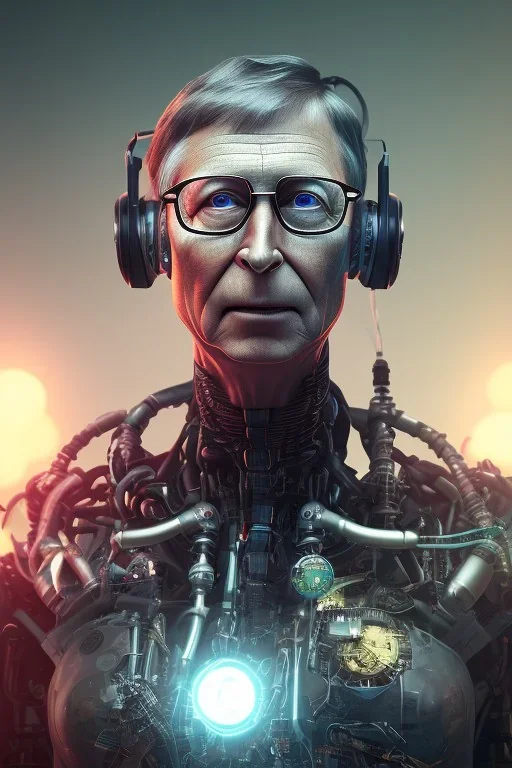 A portrait of post-apocalypse cyborg BILL GATES in a cyberpunk city, sci-fi fantasy style, volumetric lighting,highly detailed,cinamatic,gold colours,8k, 3D octane render, lisa parker, dark, 8k.