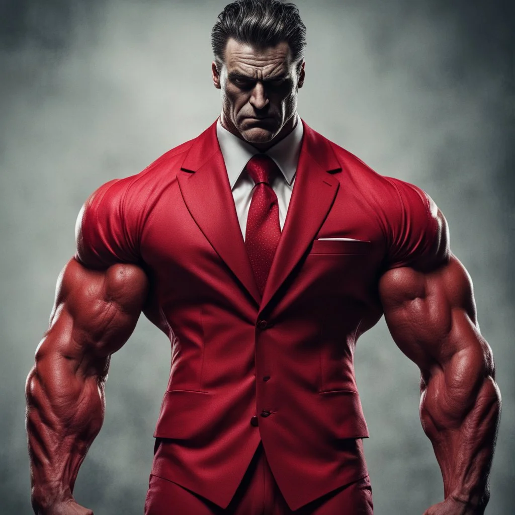 a sinister muscular figure wearing a red suit with a red tie with no face and dirty hair