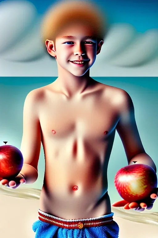 full body image of a beautiful 12 year old boy with long, blonde curly hair and light blue eyes, smiling, shirtless, holding a red apple in his right hand, in front of an distant beach, photorealistic