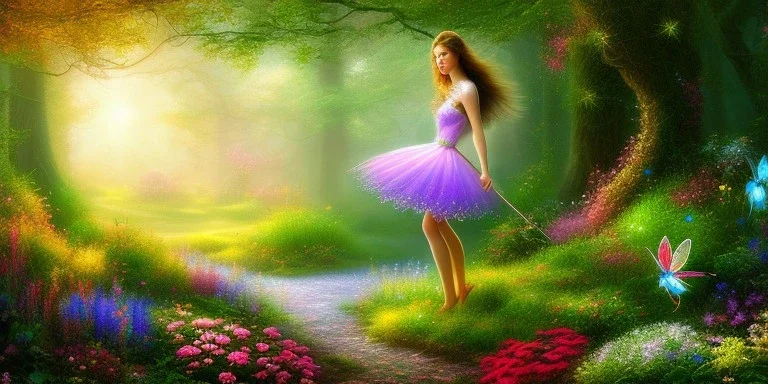 bright fairy, beautiful portrait, flowery landscape