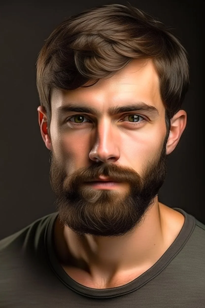 a 24 year old man with a short brown beard and a sexy look