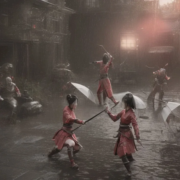 2 samurai girls with sword fight in rain, xtreme detailed, photorealistic, 4k