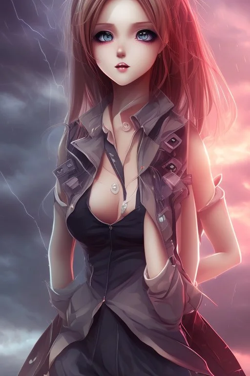 Stunning anime girl with striking looks in a stormy background