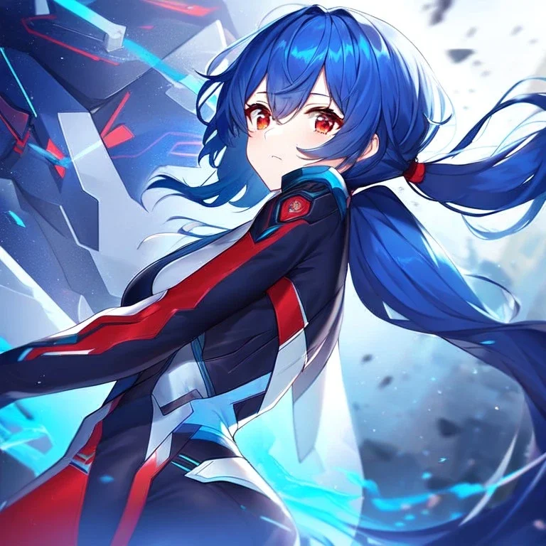 girl, masterpiece, best quality, volumetric lighting, dynamic pose, detailed outfit, perfect eyes, blue hair, red eyes, messy hair, long hair, body suit, low ponytail,