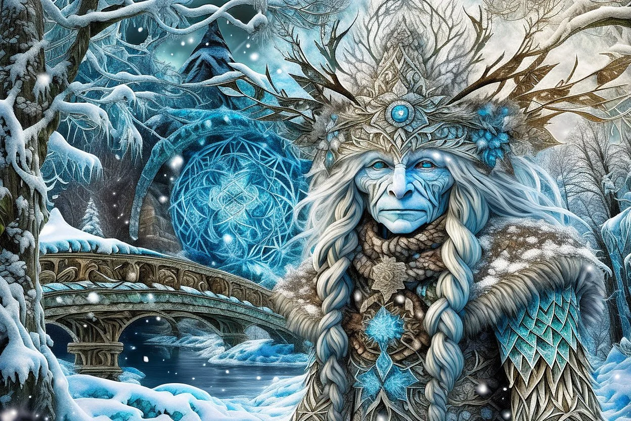 Double exposure: a kind snow troll, hair made of dry branches covered in snow, tits perched on the hair-branches, a sheepskin coat woven from dry leaves and twigs covered in snow, and a winter landscape depicting a fairytale rounded bridge, a tree made of snowflakes painted with frost, filigree kaleidoscopic patterns of frost. Highly detailed textures: a fairytale illustration, splashes of white and gold paint, rich texture, distant and deep space, dreamy watercolor and liquid filigree acrylic.