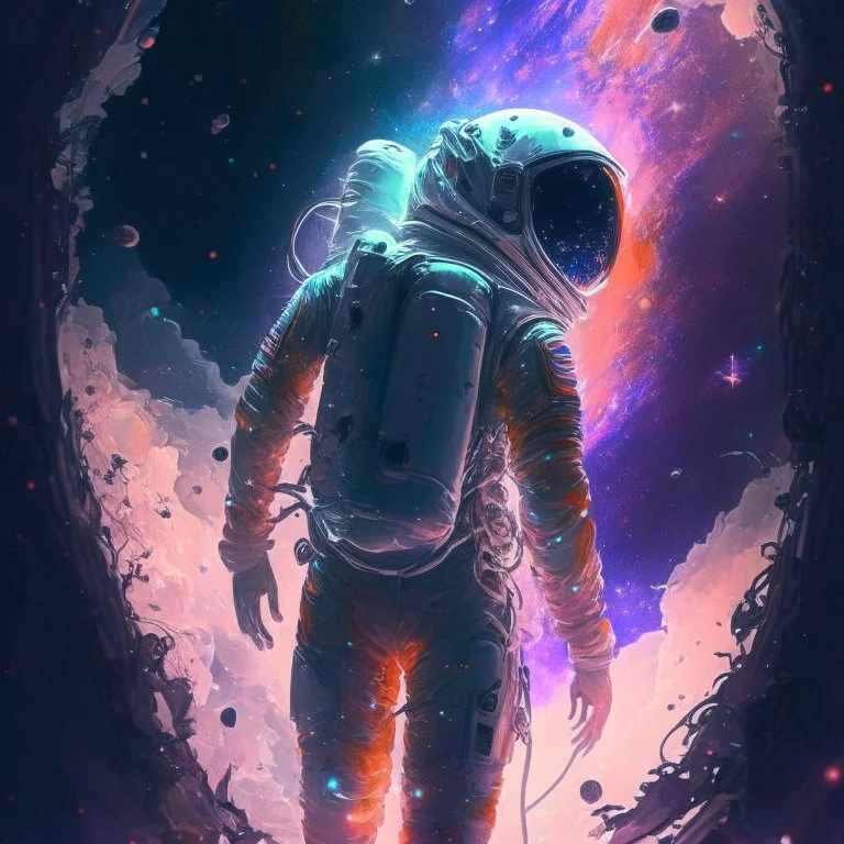 An astronaut lost in the galaxy whose soul is pulled from his body by the god of the galaxy in exchange for seeing his love one last time, digital art, anime, 4k, high resolution. full detail.